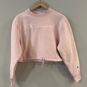 Champion baby pink reverse weave heavyweight cropped drawstring sweatshirt